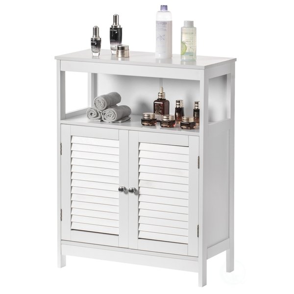 Basicwise Wooden White Storage Bathroom Vanity Cabinet w/Adjustable Shelves and Two Horizontal Planks QI004027WT